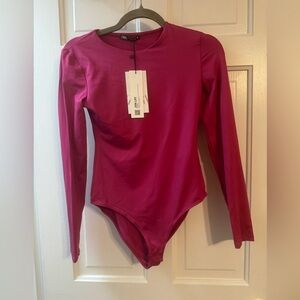 Zara NWT Fuchsia Long Sleeve Bodysuit Size M Stretch Knit